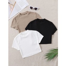 Öz Pamuk Kadın 3 Lü Adet Fitilli %100 Pamuklu Bisiklet Yaka Örme Kaşkorse Crop T-shirt
