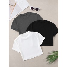 Öz Pamuk Kadın 3 Lü Adet Fitilli %100 Pamuklu Bisiklet Yaka Örme Kaşkorse Crop T-shirt