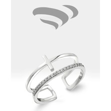Tayfun Silver Minimal Çapraz Tasarım ve Işıltılı Taşlı 925 Ayar Yüzük