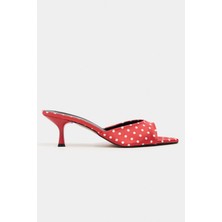 Nişantaşı Shoes Promise Kırmızı Puantiye Desenli Sivri Burun Kadın Ince Topuklu Terlik