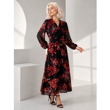 Bidesing Kadın Siyah Floral Desenli Uzun Elbise Şifon Kollu Şık Maxi Elbise
