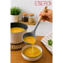 Esero Premium Silikon Servis Kepçesi 32 cm Ahşap Saplı Gri Beyaz Çorba Sos Püre Yemek Servis Kepçesi Tencere Çizmez