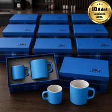 BK Gift Logonuza Özel 10 Adet Mavi Kutulu Türk Kahvesi Fincanı ve Seramik Kupa Hediye Seti