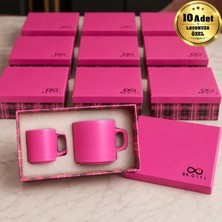 BK Gift Logonuza Özel 10 Adet Pembe Kutulu Türk Kahvesi Fincanı ve Seramik Kupa Hediye Seti