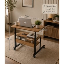 Homedora 70X40 cm Tekerlekli Laptop Sehpası – Çok Amaçlı Çalışma Masası | 2 Raflı Ahşap Metal Tasarım