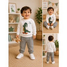 Serpil Giyim Erkek Dinozor Baskılı Pamuklu Eşofman Takımı Ekru Sweatshirt Çizgili Jogger Pantolon 2'li Takım
