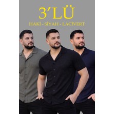 Erkek Waffle Kumaş Yakalı Kısa Kol Düğmeli Gömlek 3’lü Set Siyah-Haki-Lacivert