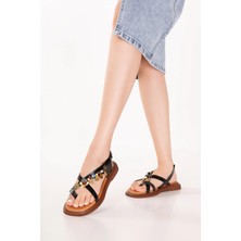 Gondol Hakiki Deri Vaketa Parmak Arası Süslü Sandalet CRM.305 Siyah