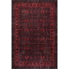 Artloop Relic Siyah Kırmızı Vintage Minimal Etnik Geometrik Desenli Dokuma Tabanlı Şönil Halı Al 563