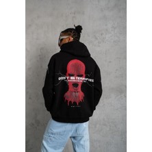 Erkek Oversize Üç Iplik Kapüşonlu Sweatshirt Siyah Don T Be Terrified Ön Sırt ve - Siyah