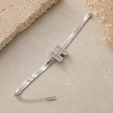 Fm 💎 Premium  Gümüş Renk Zirkon Taş Detaylı H Harf Geometrik Tokalı Zincir 316L Çelik Kadın Bileklik (23cm)