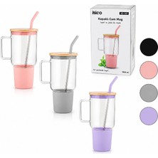 Usm 1000 ml Cam Matara Kupa Bardak - Bambu Kapaklı - Silikon Kılıflı - Çelik Pipetli