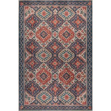 Artloop Soul Mavi Kırmızı Etnik Baklava Motifli Klasik Desenli Dokuma Tabanlı Şönil Halı Al 552