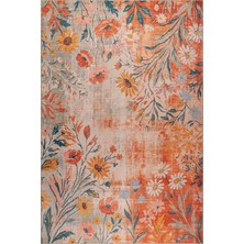 Artloop Florart Turuncu Kır Çiçekli Modern Desenli Dokuma Tabanlı Şönil Halı Al 613