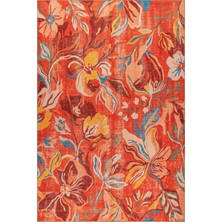 Artloop Florart Turuncu Floral Çiçek Desenli Modern Dokuma Tabanlı Şönil Halı Al 602