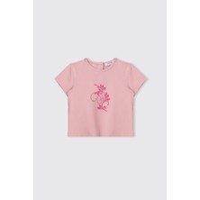 Panço Kız Bebek Baskılı Kısa Kollu Pembe Tişört