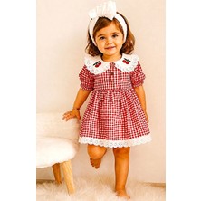 Mini Kiti Kız Çocuk Bebek Kırmızı Beyaz Pötikareli Kiraz Nakışlı Eteği Fistolu Fırfırlı Kısa Kollu Elbise