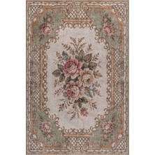 Artloop Florart Yeşil Krem Vintage Floral Goblen Gül Desenli Dokuma Tabanlı Şönil Halı Al 606