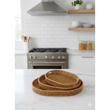 Woof Home Hasır Çok Amaçlı Tepsi Sunumluk (Kahve Sunumluk) Takım (3 Adet)
