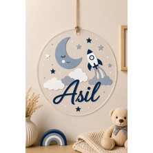JHAAR Kişiye Özel Çocuk Bebek Odası Hastane Odası Isimliği - Kapı Isimliği Yuvarlak Pleksi - Uzay Temalı Erkek Modeli 30X30CM