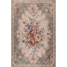 Artloop Florart Yeşil Krem Vintage Floral Goblen Gül Desenli Dokuma Tabanlı Şönil Halı Al 618