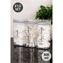 Dolkin Home 3'lü Pamuk - Makyaj Pamuğu - Kulak Çubuğu Etiketli Şeffaf Mika Kavanoz Pamuk Kutusu Seti Akrilik Banyo Düzenleyici 300 ml