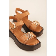 Gondol Hakiki Deri Platform Taban Sandalet PKR.2401 Taba
