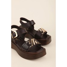 Gondol Hakiki Deri Platform Taban Sandalet PKR.2401 Kahverengi