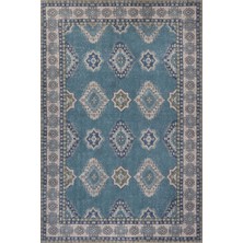 Artloop Folk Mavi Vintage Etnik Madalyonlu Klasik Desenli Dokuma Tabanlı Şönil Halı Al 615
