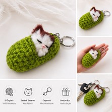 Jasmin Store El Örgüsü Uyuyan Kedi Anahtarlık | Sevimli Peluş Kedi Figürlü Çanta Süsü | El Yapımı Hediyelik