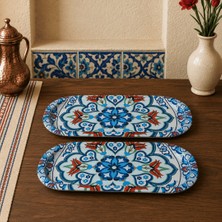 Sarkap Home 16X35 cm 2'li Oval Sunumluk Tepsi - Turkuaz Çini Desenli