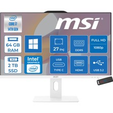 MSI Msı Pro AP272P 14M-866XEU Intel Core I7-14700 Upto 5.4ghz 64GB Ddr5 2tb SSD 1920×1080 (Fhd 27″ıps 100HZ 250 Beyaz WIN11HOME Allınone Bilgisayar 866XEUH24+ZETTAUSBBELLEK