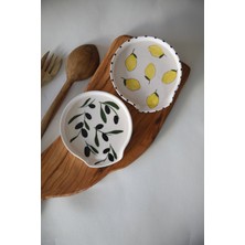 His Ceramic El Yapımı Dekoratif 2'li Kirli Kepçe, Kaşık Altlığı Zeytin ve Limon Desenli