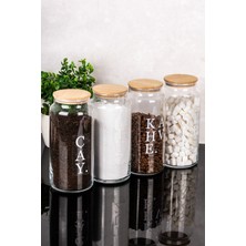 Dolkin Home 4'lü Cam Kavanoz Seti 1300 ml Bambu Kapaklı Çay Şeker Kahve Tuz Etiketli Cam Saklama Kabı