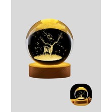 Renas Store LED Işıklı Geyikli Kristal Küre Ahşap Standlı Modern Dekor Lamba