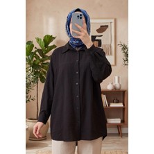 Modestim Kadın Siyah Çilek Kumaş Trend Tesettür Tunik Düğmeli 78 cm Oversize Dökümlü Rahat Gömlek Tunik