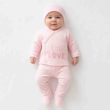 Babys Tasarım Little Love 3'lü Bebek Takımı 0-3 Ay Ribana Pamuklu Yenidoğan Takımı Patikli Alt Şapkalı Kız Bebek Takımı