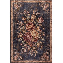 Artloop Florart Lacivert Goblen Vintage Çiçek Desenli Dokuma Tabanlı Şönil Halı Al 574