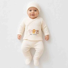 Babys Tasarım Best Friends 3'lü Ribana Bebek Takımı 0-3 Ay Pamuklu Yenidoğan Takımı Patikli Alt Şapkalı Hastane Çıkışı