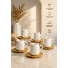 Yzhome 6 Kişilik 12 Parça Bambu Tabaklı Beyaz Porselen Çizgili Kahve Fincan Takımı Seti 90ML
