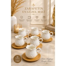 Yzhome 6 Kişilik 12 Parça Bambu Tabaklı Beyaz Porselen Sarmaşık Kahve Fincan Takımı Seti 90ML