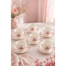 Yzhome Acar 6 Kişilik Lüks Porselen Pembe Çiçek Desenli Kahve Fincan Takımı Seti 100ML