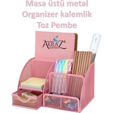 Akraz Art Design Masa Üstü Metal Kalemlik Toz Pembe Yedi Gözlü (Organizer Masa Seti Düzenleyici)