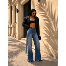 Adam & Eve Fashion Adam&eve Kadın Mavi Yüksek Bel Baggy Fit Yan Dantel Detaylı Bol Paça Jean Pantolon