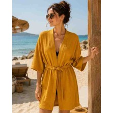 Belinis Hardal Waffle Pike  Bornoz Pamuklu Yazlık Kimono Bornoz Petek Kurulama Sabahlık Tüm Bedenlere Uyumludur S M L Xl