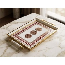 altabi Dijital Baskılı Cam Servis Tepsisi – Sedef Motifli, Metal Kulplu 46X28 cm