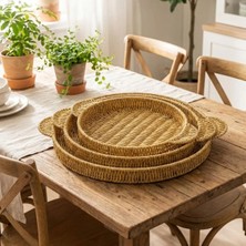 Aesco Iç Içe Geçebilen 3’lü Yuvarlak Plastik Rattan Tepsi Seti–hasır Görünümlü Çok Amaçlı Servis ve Sunum Tepsileri