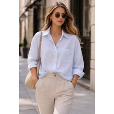 Butik Moda Kadın Oversize Çizgili Katlanabilir Kollu Gömlek