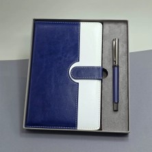 Renas Store Mavi Beyaz Deri Kapaklı Defter ve Metal Kalem Set
