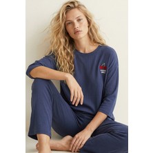 Siyah İnci Lacivert Soft Touch Ince Örme Nakışlı Pijama Takım